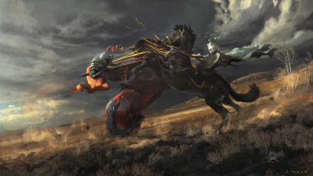 Fantasy HD PC desktop wallpaper depicting a knight in dark armor, wielding a glowing weapon, charging across a stormy, barren landscape with dramatic clouds overhead.