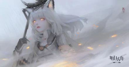 4K Ultra HD PC desktop wallpaper featuring a character from the video game Arknights with glowing eyes and white hair, enveloped in a misty, ethereal atmosphere.