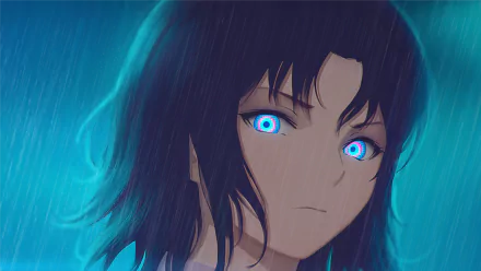 HD anime wallpaper featuring Shiki Ryougi with glowing blue eyes from The Garden of Sinners, set against a rainy, dark background.