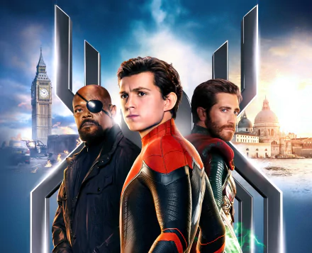 8K Ultra HD wallpaper featuring Tom Holland as Spider-Man, Samuel L. Jackson as Nick Fury, and Jake Gyllenhaal as Mysterio from Spider-Man: Far From Home.