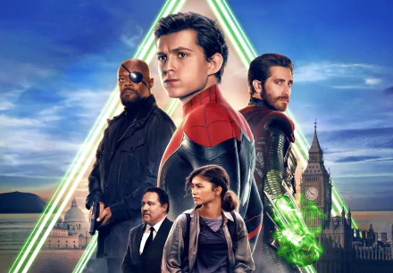 HD wallpaper featuring Spider-Man, MJ, Mysterio, Nick Fury, and other characters from the movie Spider-Man: Far From Home, with a backdrop of London landmarks and vibrant, dynamic elements.