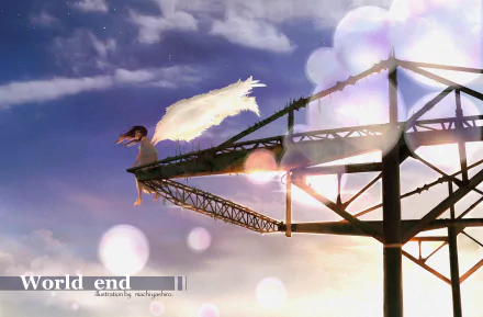 HD anime original desktop wallpaper depicting a girl with white wings perched on a metal structure against a twilight sky, titled World End.