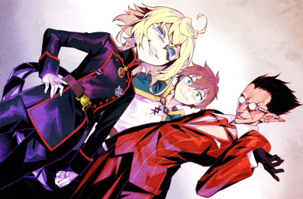 HD desktop wallpaper featuring a crossover of Anime characters Tanya Degurechaff from Youjo Senki, Kazuma Satou from KonoSuba, and Demiurge from Overlord.