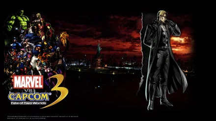 HD PC wallpaper — Marvel vs. Capcom 3 (MVC3) video game: Amaterasu, Wolverine, Iron Man, Hulk and Captain America grouped left over a dark skyline; Resident Evil's Wesker stands right.
