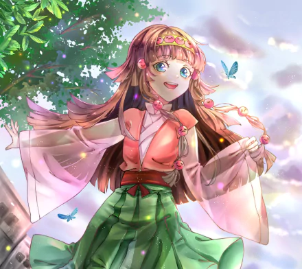 HD anime desktop wallpaper featuring Alluka Zoldyck from Hunter x Hunter, smiling amidst fluttering butterflies and a bright, nature-filled background.