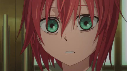 Close-up of Chise Hatori with red hair and green eyes from the anime The Ancient Magus' Bride, featured in an HD PC desktop wallpaper.
