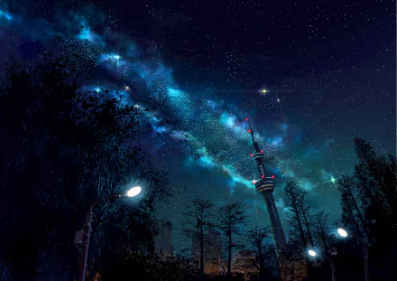 Anime HD desktop wallpaper of a night sky filled with stars, featuring a prominently lit tower and silhouetted trees framing the scene.