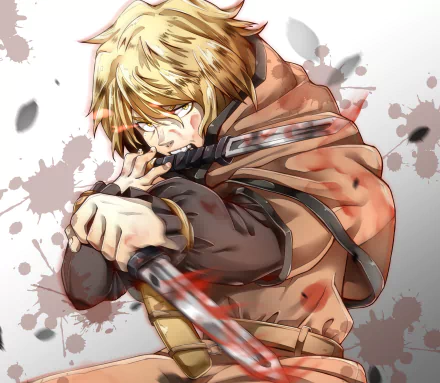 HD anime wallpaper featuring Thorfinn from Vinland Saga, shown in a dynamic pose with intense expression and detailed shading on a splattered background.