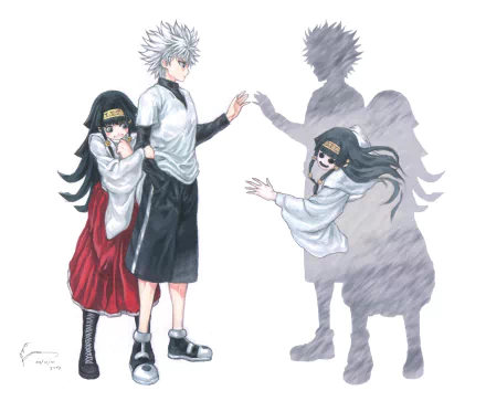 HD anime wallpaper featuring Killua Zoldyck and Alluka Zoldyck from Hunter x Hunter, showcasing their bond with dynamic poses and soft shading against a white background.