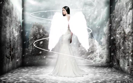 A fantasy-themed HD wallpaper featuring an angelic figure in a flowing white gown and majestic wings, set against a mystical landscape with swirling light effects.