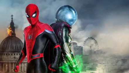 HD desktop wallpaper featuring Spider-Man and Mysterio from the movie Spider-Man: Far From Home, with the iconic London skyline in the background.