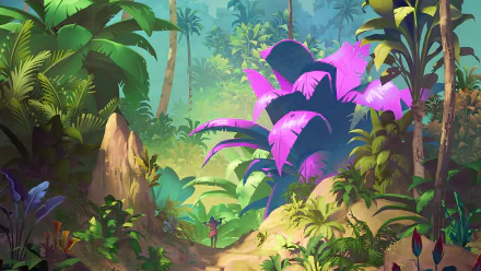 HD desktop wallpaper of a vibrant, fantasy jungle forest, featuring lush green foliage and striking purple plants under a dappled canopy of light.