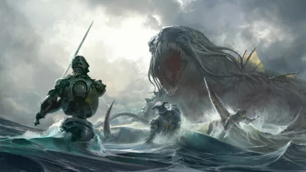 A dramatic HD fantasy battle scene of a robot warrior facing a colossal sea monster creature amidst stormy ocean waves, designed as a PC desktop wallpaper.