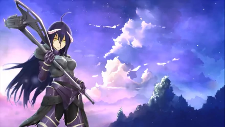 HD PC desktop wallpaper featuring Albedo from the anime Overlord, set against a vibrant sky with clouds and distant mountain silhouettes.