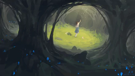 Anime-style HD desktop wallpaper depicting a girl standing in a glowing forest clearing, surrounded by dark trees and blue luminescent flowers.