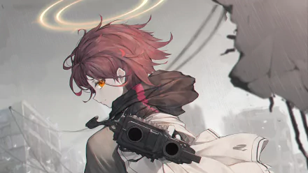 HD desktop wallpaper featuring Exusiai from Arknights. The character has orange eyes, red hair, and holds a gun, set against a background with a halo-like light and a post-apocalyptic landscape.