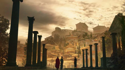 HD PC desktop wallpaper depicting a fantasy city inspired by ancient Rome, featuring majestic temples, towering columns, and a dramatic sky at sunset.