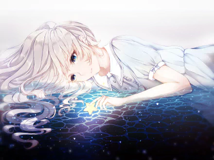Anime-style original artwork of a girl with flowing white hair lying on a reflective surface, holding a glowing star, presented in 4K Ultra HD for PC desktop wallpaper.