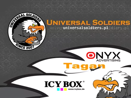 HD PC desktop wallpaper for the Counter-Strike video game: Universal Soldiers motif — aggressive eagle logo and sponsor logos (Onyx, Tagan, ICY BOX) on a textured gray background.