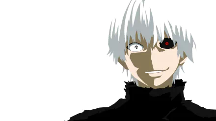Minimalist 4K Ultra HD PC desktop wallpaper of Ken Kaneki (Tokyo Ghoul √A): white-haired anime portrait with one red kakugan eye, pale face and black high-collar outfit on white background.