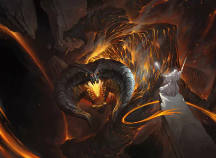 HD desktop wallpaper showcasing Gandalf the Grey confronting the fiery Balrog, from The Lord of the Rings. A stunning fantasy scene with dramatic lighting and intense action.