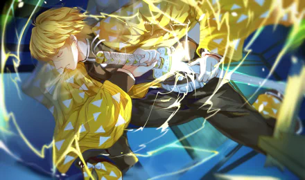 HD desktop wallpaper featuring Zenitsu Agatsuma from Demon Slayer wielding a katana, surrounded by dynamic lightning effects.