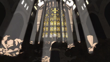 Anime-style HD Fire Force desktop wallpaper featuring dramatic light streaming through a large stained glass window inside a cathedral-like structure.