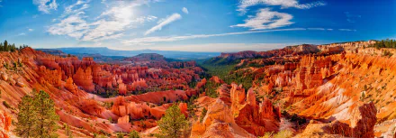 Panoramic 4K Ultra HD landscape of Bryce Canyon National Park, showcasing vibrant red rock formations and a vast natural canyon under a blue sky in the USA.