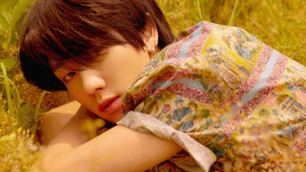 Close-up of a Seventeen band singer lying in a grassy field, captured in vibrant 4K Ultra HD quality for a K-pop music desktop wallpaper.