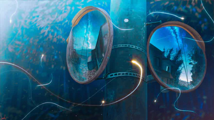 HD anime-style wallpaper featuring a night scene with a pole and two circular mirrors reflecting a serene house surrounded by nature.