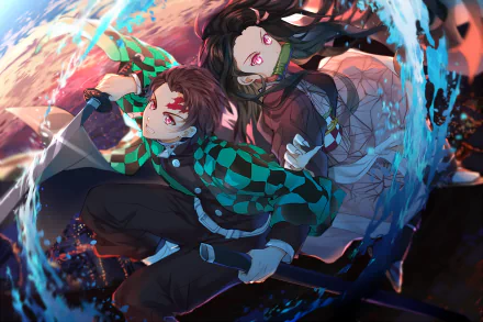 HD desktop wallpaper featuring Tanjiro Kamado and Nezuko Kamado from Demon Slayer: Kimetsu no Yaiba. Tanjiro wields a sword, while Nezuko, with pink eyes, stands ready behind him in an anime-style background.