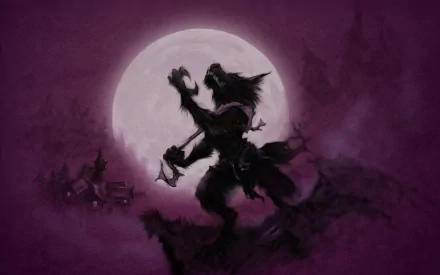 A dark fantasy scene featuring a werewolf silhouetted against a large moon, with a village in the background, creating an eerie and atmospheric HD desktop wallpaper.