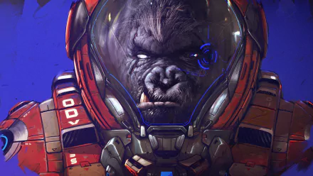 HD PC desktop wallpaper: sci-fi monkey astronaut in a red space suit and helmet, a stern gorilla face lit by blue HUD glow.