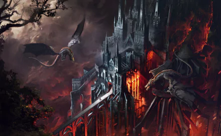 HD PC desktop wallpaper/background: dark fantasy castle perched on volcanic cliffs, glowing red halls and two dragons circling the burning fortress.