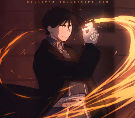 HD anime desktop wallpaper of Roy Mustang from Fullmetal Alchemist, showcasing him igniting a flame with intense focus and dynamic fire effects.