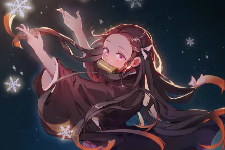 HD desktop wallpaper featuring Nezuko Kamado from the anime Demon Slayer: Kimetsu no Yaiba, with a dark background and snowflakes around her.