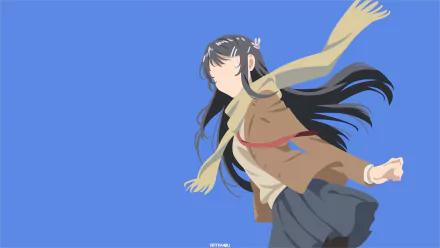 Mai Sakurajima (Rascal Does Not Dream of Bunny Girl Senpai) in a 4K Ultra HD anime desktop wallpaper, scarf and hair streaming in the wind against a clear blue background