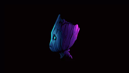 HD desktop wallpaper featuring a comic-style Baby Groot from Guardians of the Galaxy, glowing in vibrant blue and purple hues against a black background.