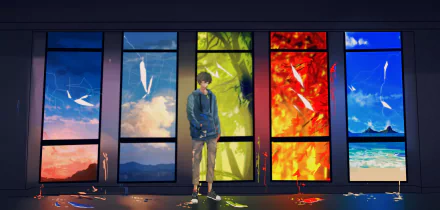 HD anime-style original PC desktop wallpaper featuring a person standing in front of five colorful, vertically divided window panels showcasing sky, nature, fire, and ocean themes.