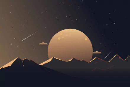 An artistic minimalist HD wallpaper featuring a large moon in a night sky with stars, framed by mountain silhouettes. The serene nature scene serves as a stunning desktop background.