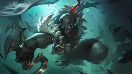 Pyke (League of Legends) lunges through murky water, glowing blue eyes and curved blades drawn — HD PC desktop wallpaper and background, video game League of Legends.