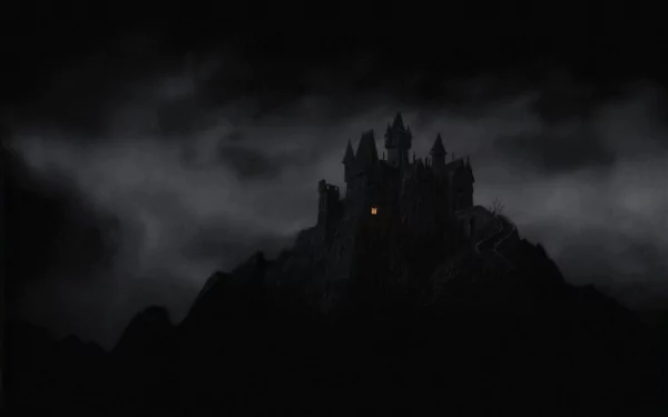 A dark, imposing building looms atop a rugged mountain, shrouded in ominous clouds, with a single light flickering in its depths. A captivating HD wallpaper backdrop.