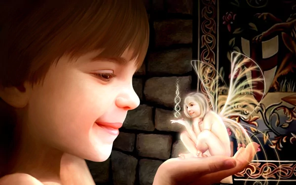 HD fantasy PC wallpaper showing a close-up of a smiling child holding a glowing fairy with delicate wings against a dark, intricate background.