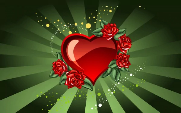 HD desktop wallpaper with a Valentine's Day theme featuring a glossy red heart surrounded by red roses on a green radiant background with yellow and white sparkles.
