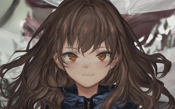 Anime-style original character with flowing brown hair and striking brown eyes, rendered in stunning 4K Ultra HD for a PC desktop wallpaper background.