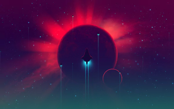 HD Sci-Fi desktop wallpaper featuring a spaceship ascending in front of a glowing planet in space, with stars scattered across the background.