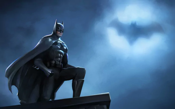 HD PC desktop wallpaper featuring Batman from DC Comics standing on a rooftop with the glowing Bat-Signal illuminating the night sky in the background.