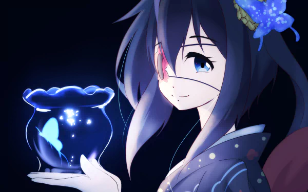 HD anime desktop wallpaper featuring Rikka Takanashi from Love Chunibyo & Other Delusions, holding a glowing jar with blue butterflies against a dark background.