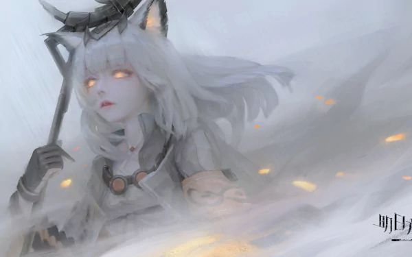 4K Ultra HD PC desktop wallpaper featuring a character from the video game Arknights with glowing eyes and white hair, enveloped in a misty, ethereal atmosphere.