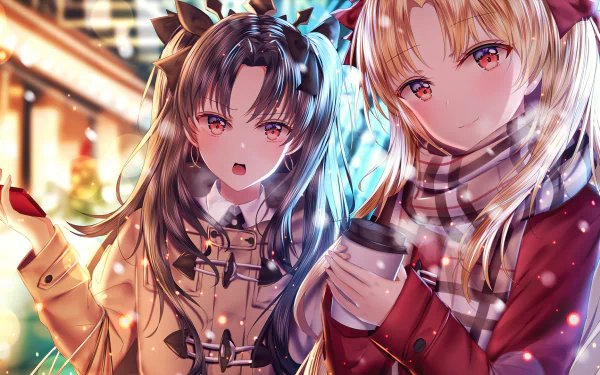 HD desktop wallpaper featuring Ereshkigal and Ishtar from Fate/Grand Order, depicted with blonde and long hair, red eyes, in a festive setting.